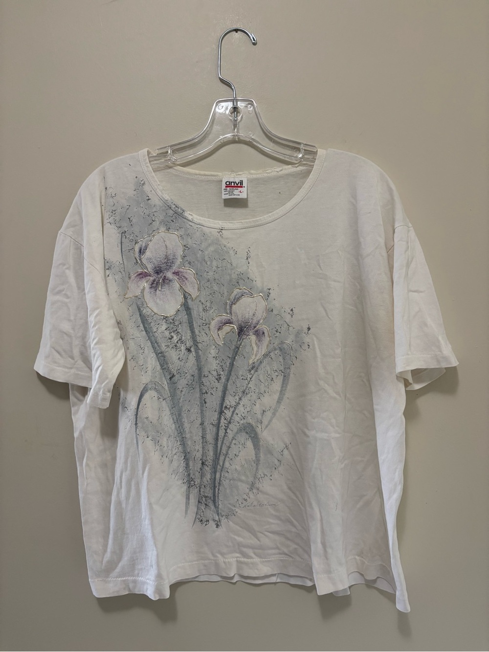 Vintage 90s Anvil Hand Painted Floral Iris Graphic White T-Shirt (Women's Large)